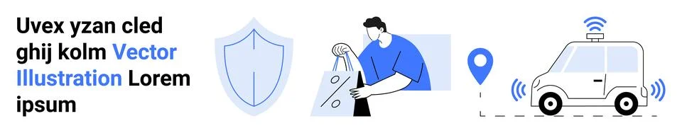 Man concentrating on ironing, alongside a shield icon, a blue location pin, a Stock Illustration