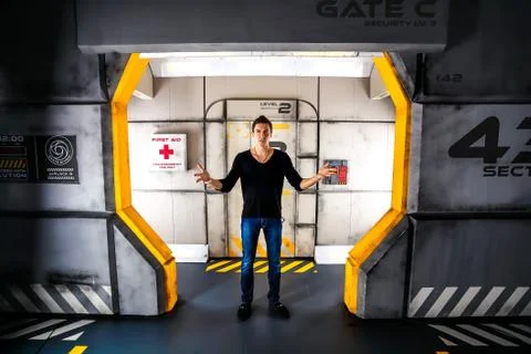 Man in concrete bunker Stock Photos