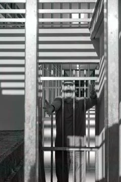 Man condemned behind bars of a prison door, shouting in fear and anger Stock Photos