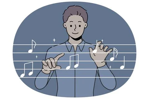 Man conductor moves hands, standing near imaginary notes and comes up with new Stock Illustration
