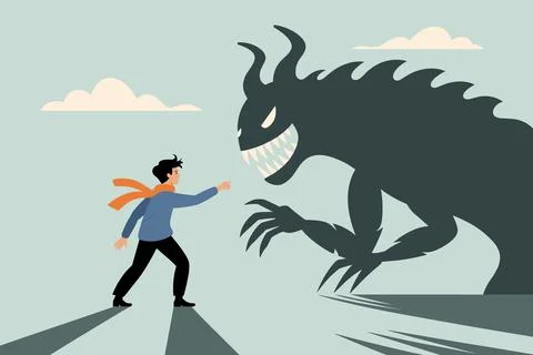 Man Confronting Inner Monster Symbolizing Fear and Personal Struggle. Stock Illustration