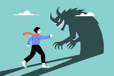 Man Confronting Shadow Monster Symbolizing Fear and Inner Struggle. Stock Illustration