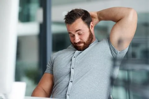Man, confused and scratch head at office with mistake, tired and overworked with Stock Photos