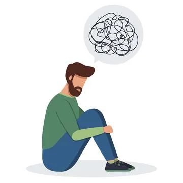Man with confused thoughts sitting on the floor Stock Illustration