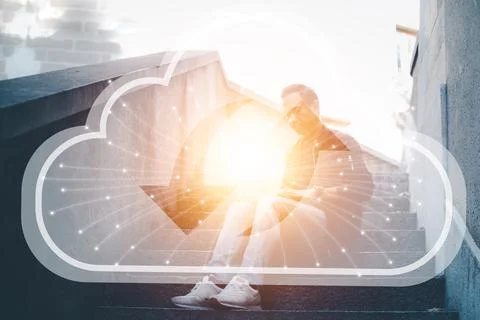 Man with connect to data information on the Cloud Computing Technology Intern Stock Photos