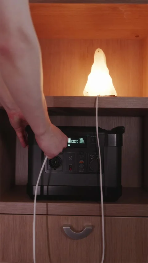 Man connecting cozy bedside nightlight to portable backup power generator a.. Stock Footage 336653719