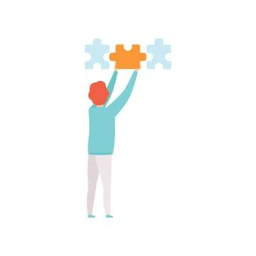 Man connecting puzzle elements, man putting jigsaw puzzles together, back view イラスト素材