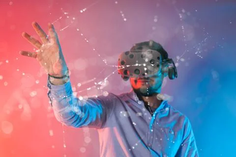 Man connection with abstract web and chains in virtual reality Stock Photos