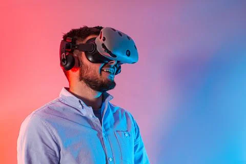 Man connection with abstract web and chains in virtual reality Stock Photos