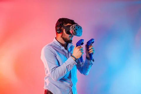 Man connection with abstract web and chains in virtual reality Stock Photos