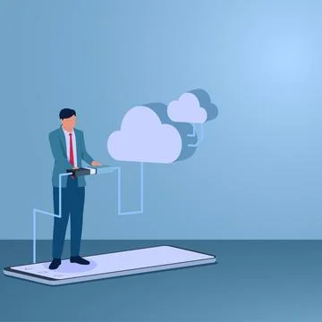 A man connects a smartphone to cloud storage, an illustration for cloud com.. Stock Illustration