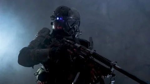 Man in consplay post apocalypse costume is posing for operator Stock Footage 119988043