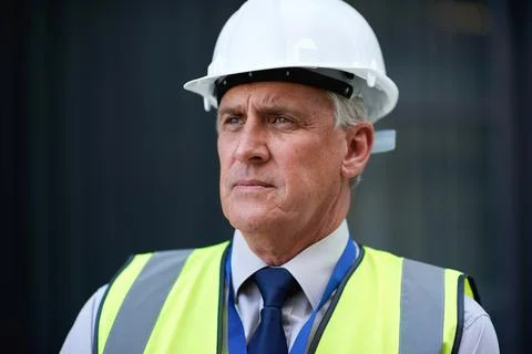 Man, construction and engineer in city for thinking, inspection and project Foto stock
