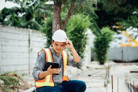 Man construction engineer at construction site 스톡 사진