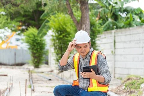 Man construction engineer at construction site 스톡 사진