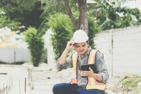 Man construction engineer at construction site Foto stock