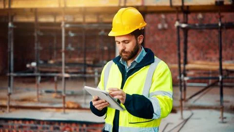 Man, construction or civil engineering with tablet in scaffolding for building Stock Photos
