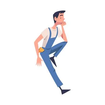 Man Construction Worker Character in Blue Overall Sitting and Thinking on Roof Stock Illustration