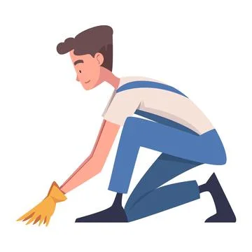 Man Construction Worker Character in Blue Overall Engaged in Roof Repair Vector Illustrazione stock