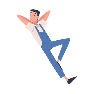 Man Construction Worker Character in Blue Overall Lying on Roof Top Vector Stock Illustration