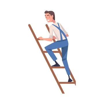 Man Construction Worker Character Climbing Ladder Engaged in Roof Repair Vector Stock Illustration