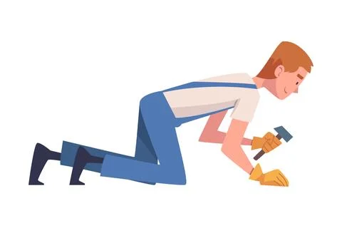 Man Construction Worker Character with Hammer Engaged in Roof Repair Vector Illustrazione stock