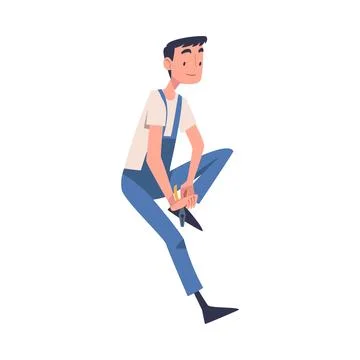 Man Construction Worker Character Sitting with Pliers Engaged in Roof Repair Stock Illustration