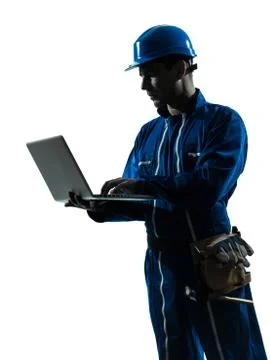 Man construction worker computing computer silhouette portrait Stock Photos