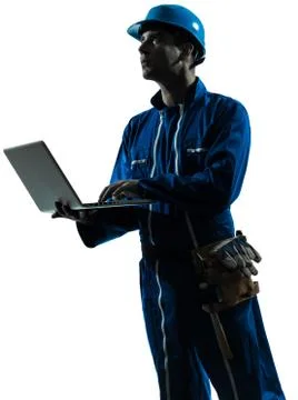 Man construction worker computing computer silhouette portrait Stock Photos