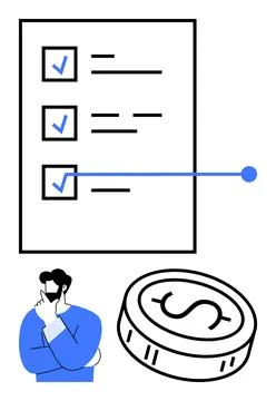Man contemplating checklist and dollar coin emphasizing decision-making and.. 스톡 일러스트