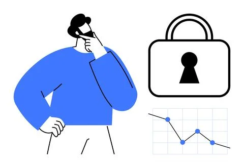 Man Contemplating Data Security with Lock Symbol and Downward Graph Trend Stock Illustration