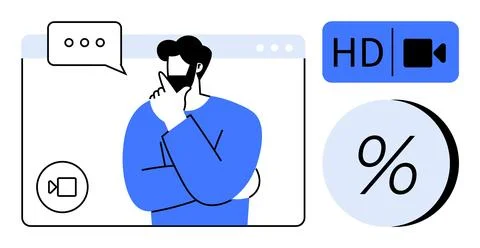 Man Contemplating During Video Call with HD Quality and Percentage Symbols Stock Illustration