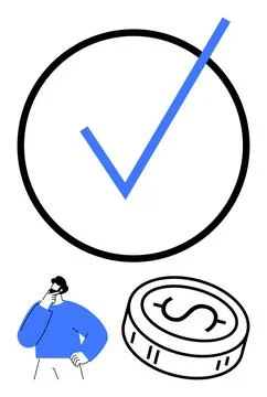 Man Contemplating Financial Decision with Large Checkmark and Coin Symbol R.. Stock Illustration