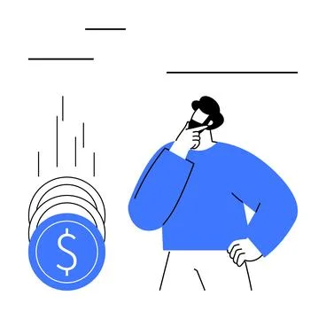Man Contemplating Financial Decisions with Falling Coins in Minimalist Style Stock Illustration