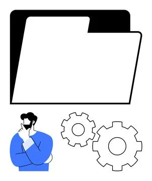 Man Contemplating in Front of Giant Folder and Gear Icons Representing File.. 스톡 일러스트