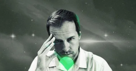 Man contemplating with hand on forehead, surrounded by cosmic stars and galaxy Illustrazione stock