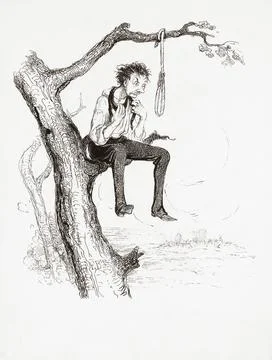 Man contemplating hanging himself from a tree.  After a work by Honore Daumier. Illustrazione stock