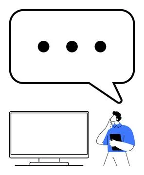 Man Contemplating Ideas in Front of a Computer Screen with Speech Bubble an.. Stock Illustration