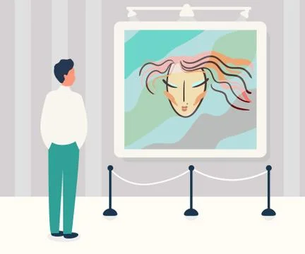 Man in Contemporary Art Gallery Vector Illustration. Abstract Paintings.Museum Stock Illustration