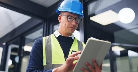 Man, contractor or office with tablet for building maintenance, safety chec.. Stock Photos