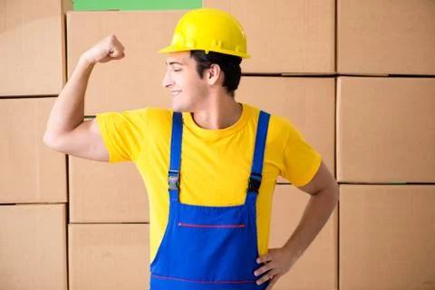 Man contractor working with boxes delivery Fotos Stock