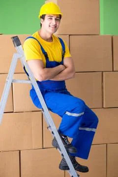 Man contractor working with boxes delivery Fotos Stock