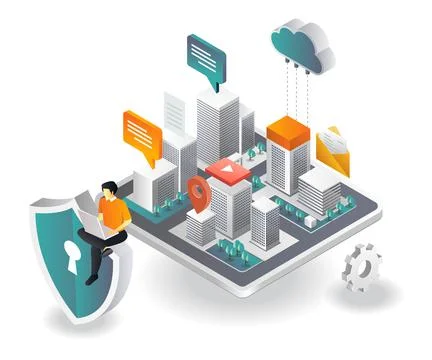 Man is controlling cloud server security for the city Stock Illustration