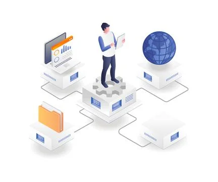 Man controlling data computer work with smartphone Stock Illustration