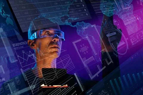 Man controlling a futuristic digital interface 스톡 사진