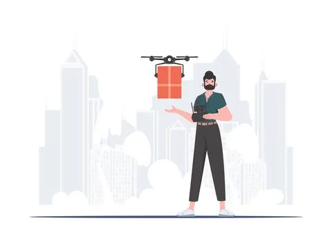 A man controls a drone with a package. Delivery concept. trendy style. Vector Stock Illustration