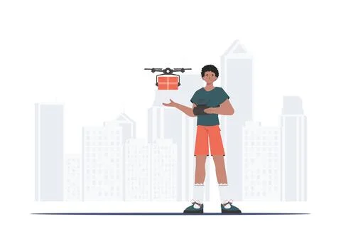A man controls a drone with a package. Delivery concept. Flat modern design.  Stock Illustration