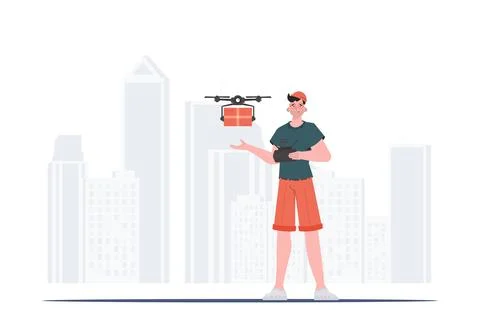 A man controls a drone with a package. Delivery concept. Vector illustration. Stock Illustration