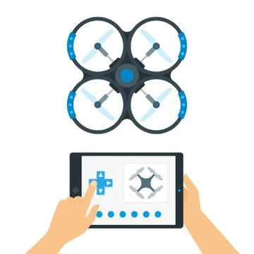 Man controls a drone using a mobile application on a gadget vector illustration Illustrazione stock