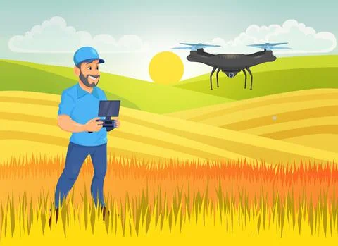 Man controls quadcopter distantly, wireless drone controller. Agricultural Stock Illustration